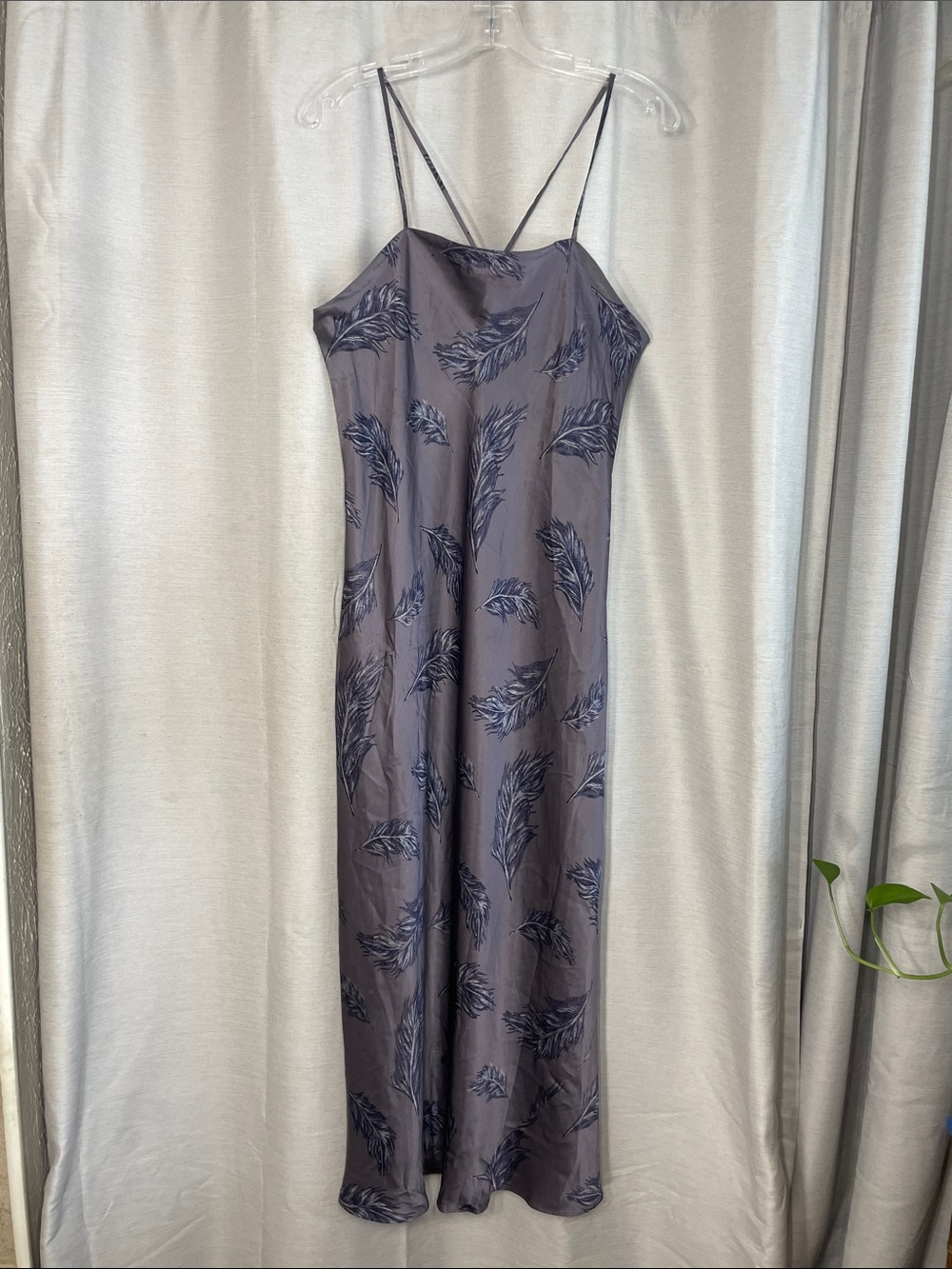 Valerie Stevens Silk Slate Blue Slip Maxi Dress with Feather Motif